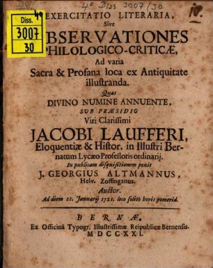 Exercitatio literaria, s. observationes philologico-criticae ad varia sacra et profana loca ex antiquitate illustranda