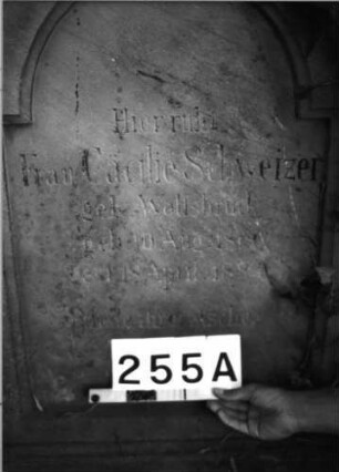 Grabstein 255 (Index: 100085153) Maße HxBxT: 202x60x38 cm Beschreibung: Stele, profiliert. Sockel, Aufsatz, Schrift eingetieft m. eingezog. Rundbogenabschl.: Grabstein 255A