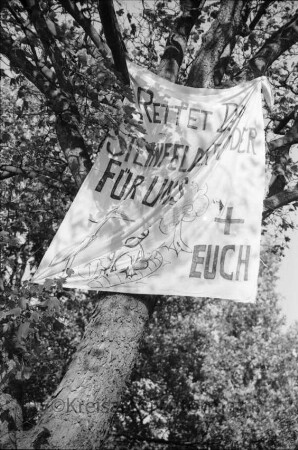 Lübecker Straße / Bundesstraße 75: Spruchband zur Rettung des Steinfelder Redders in Baum