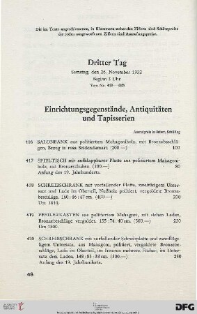 Einrichtungsgegenstände, Antiquitäten und Tapisserien (Nr. 416-467)
