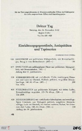 Einrichtungsgegenstände, Antiquitäten und Tapisserien (Nr. 416-467)