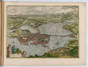 Vogelschaubild von Mantua, kolorierter Kupferstich, um 1682 : Mantua. - [Amsterdam] : [Bÿ d' Erfsgenamen van Joannes Janssonius van Waesberge], [1682]. - 1 Vogelschaubild : Kupferstich. ; 48 x 35 cm (Bild)