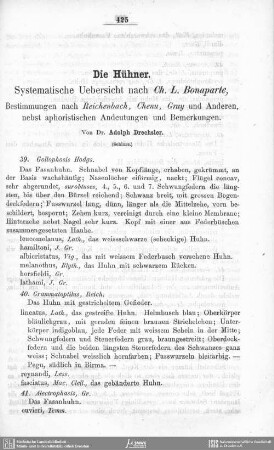 Die Hühner : Systematische Uebersicht nach Ch. L. Bonaparte, Bestimmungen nach Reichenbach, Chenu, Gray und Anderern, nebst aphoristischen Andeutungen und Bemerkungen (Schluss)