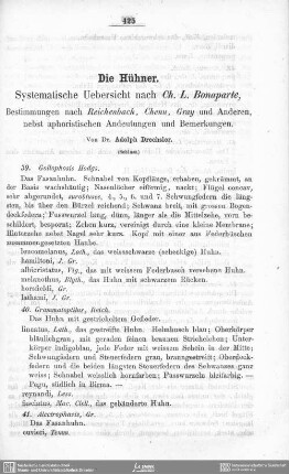 Die Hühner : Systematische Uebersicht nach Ch. L. Bonaparte, Bestimmungen nach Reichenbach, Chenu, Gray und Anderern, nebst aphoristischen Andeutungen und Bemerkungen (Schluss)