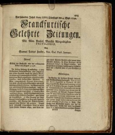 Num. LXXI. Dienstags den 4. Sept. 1742 - Num. LXXX. Freytags den 5. Octobr. 1742