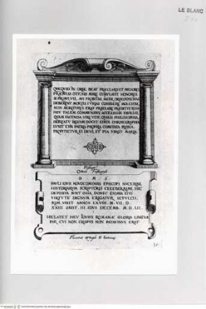 Monumenta clarorum doctrina praecipuè ..., Tafel 35: Grabplatten des Bischofs Otto von Freising in Freising und des Bischofs von Como Paolo Giovio in Florenz, San Lorenzo