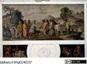 Szenen aus der römischen Geschichte und MythologieTreffen von Janus und Saturn auf dem Janiculum (Gianicolo) - König Numa Pompilius übergibt Janus den Schlüssel seines neuen Tempels in Rom