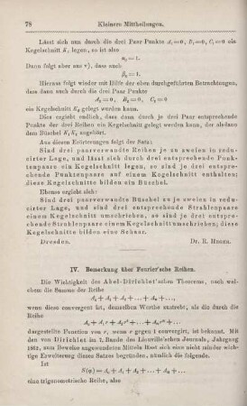 IV. Bemerkung üner Fourier´sche Reihen.