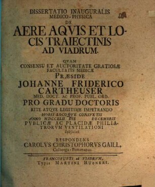 Dissertatio Inauguralis Medico-Physica De Aere Aqvis Et Locis Traiectinis Ad Viadrum