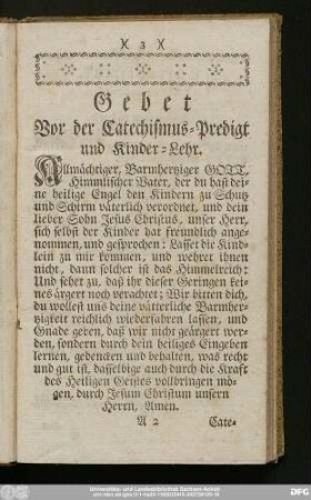 Gebet Vor der Catechismus-Predigt und Kinder-Lehr.