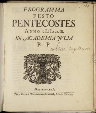 Programma Festo Pentecostes Anno MDCCIII. In Academia Julia P. P