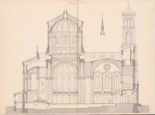 Thomaskirche, Berlin-Kreuzberg: Längsschnitt (aus: Atlas zur Zeitschrift für Bauwesen, hrsg. v. G. Erbkam, Jg. 21, 1871)