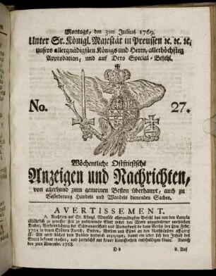 No. 27. Montags, den 3ten Julius 1769.