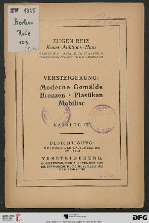 Versteigerung: moderne Gemälde, Bronzen, Plastiken, Mobiliar : Versteigerung 5. bis 7. November 1925 (Katalog Nr. 103)