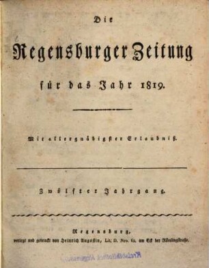 Regensburger Zeitung. 1819,[1] = Jg. 12, Jan. - Juni