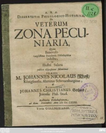 Dissertatio Philologico-Historica, De Veterum Zona Pecuniaria
