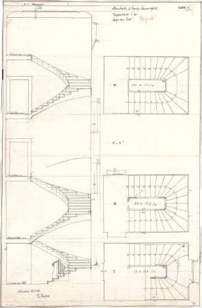 Fischer, Theodor; Schweinfurt (Bayern); Basaltwerke, Verwaltungs-Gebäude - Treppenhaus (Grundrisse, Ansicht m. Schnitt)