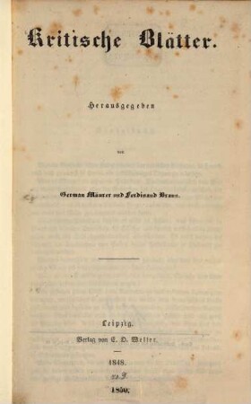 Kritische Blätter, 1848 (1850)