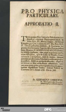 Pro Physica Particulari. Approbatio II.