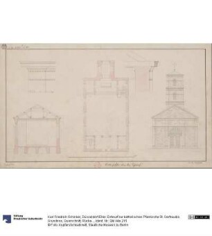 Düsseldorf-Eller. Entwurf zur katholischen Pfarrkirche St. Gertraudis. Grundriss, Querschnitt, Rückansicht und Bauprofile