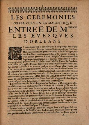 Suitte des cérémonies observées aux entrées de Messeigneurs les Evesques d'Orléans