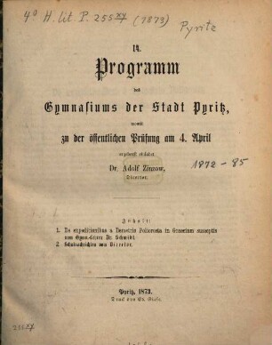Programm des Gymnasiums der Stadt Pyritz : womit zu der öffentlichen Prüfung ... ergebenst einladet. 1873 = Jg. 14