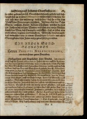 Ein Ander Send-Schreiben Herren Philippi Melanchthonis, an einen seiner guten Freunden