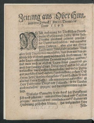 Zeitung aus Ober Hungern von Potnack/ den 10. Decembris Anno 1593.
