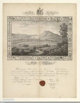 Königreich Württemberg, Stadt Bopfingen : [Handwerksbrief, Leinweber, Bopfingen, 1851]; Nachdem der gelernte Marx Marx von Oberdorf Ober-Amts Neresheim ... das Meisterrecht bei der Leineweber Zunft erlangt hat ...; Bopfingen den 11. Juni 1851. Die Aechtheit der Ausfertigung beurkundet den 12t Juni 1851 ...