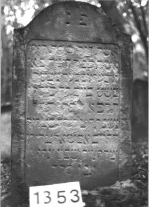 Grabstein 1353 (Index: 99900266) Material: Sandstein Zustand: fast völlig verwittert Maße HxBxT: 92x57x10 cm Beschreibung: Stele mit Konvexbogenabschluss: Grabstein 1353