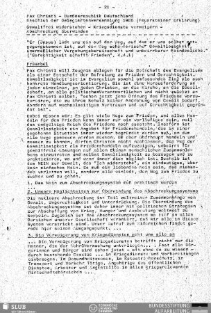 Pax Christi - Bundesrepublik Deutschland; Beschluß der Delegiertenversammlung 1986 (Feuersteiner Erklärung) : Gewaltfrei widerstehen, Kriegsdienste verweigern, Abschreckung überwinden