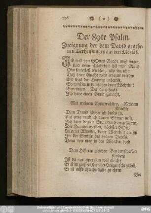 Der 89te Psalm. Zueignung der dem David gegeben Verheissungen auf den Meßias.