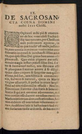 IX. De Sacrosancta Coena Domini nostri Iesu Christi.