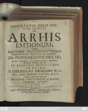 Dissertatio Juris Gentium Privati, De Arrhis Emtionum