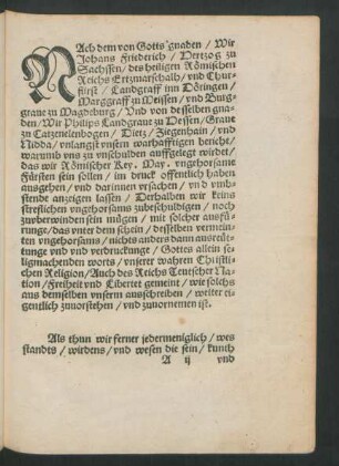 Nach dem von Gotts gnaden/ Wir Johans Friederich/ Hertzog zu Sachssen/ ...