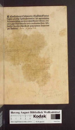 Bartholome̜i Coloniensis Epistola Mythologica. ple̜risq[ue] lepidis sententijs. [et] ad communem sermonum vsum accommodatissimis referta ... ad pancratium suum incipit foeliciter