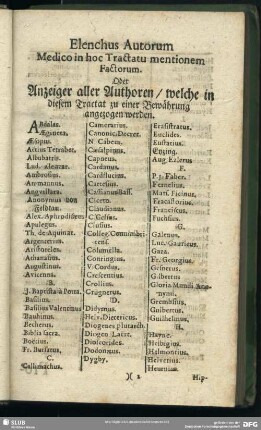Elenchus Autorum Medico in hoc Tractatu mentionem Factorum. Oder Anzeiger aller Authoren, welche in diesem Tractat zu einer Bewährung angezogen werden