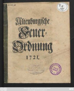 Altenburgische Feuer-Ordnung 1721.