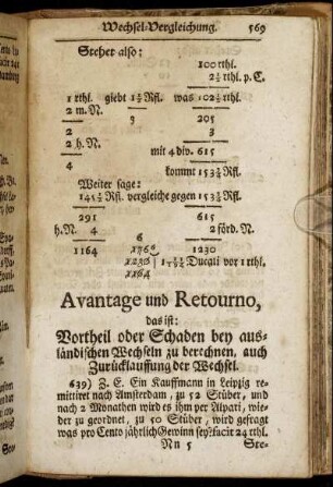 Avantage und Retourno, das ist: Vortheil oder Schaden bey ausländischen Wechseln zu berechnen, auch Zurücklauffung der Wechsel