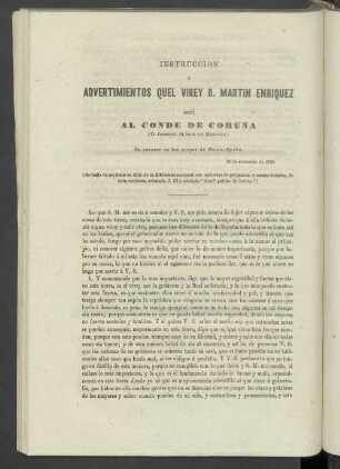 Instruccion Y Advertimientos Quel Virey D. Martin Enriquez Dejó Al Conde De Coruna