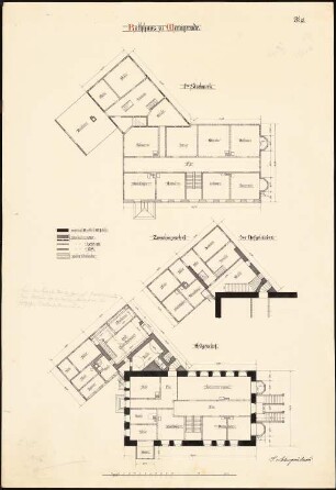Rathaus, Wernigerode Umbau: Grundrisse Erdgeschoss, 1. Obergeschoss, Zwischengeschoss 1:100, baulicher Zustand ab 13. Jhdt. bis 1874