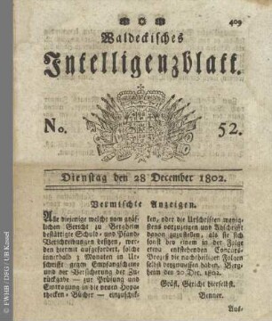 No. 52, Dienstag den 28 December 1802