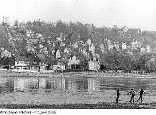 Blick vom Blasewitzer Ufer über die Elbe nach Loschwitz mit Schwebeseilbahn