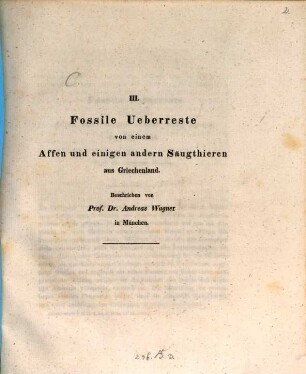 Fossile Ueberreste von einem Affen und einigen andern Säugthieren aus Griechenland