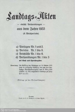 6.1933: Landtags-Akten / Vorlagen