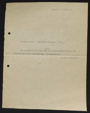 Brief von Gerhart Hauptmann an Berthold Held