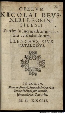 Elenchus operum Nic. Reusneri