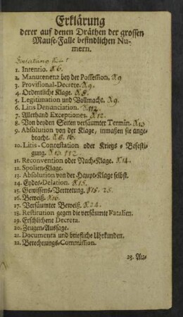 Erklärung derer auf denen Dräthen der grossen Mause-Falle befindlichen Numern.