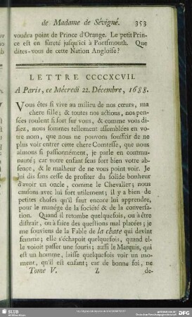 Lettre CCCCXCVII. A Paris, ce Mécredi 22. Décembre, 1688