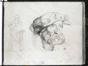Studien nach dem Werk des Petrarca-Meisters : Rietschel, Ernst. Studien, nach dem Werk des Petrarca-Meisters "M. T. Ciceronis officia, ein Buch zu seinem Sune Marco, in teutsche Reime gebracht" (Augsburg 1531). Skizzenbuch B, fol. 8. Bleistift; 16,7 x 20,6 cm (Blattgröße). Um 1825/1830/1831. Privatbesitz. WVZ S. 293